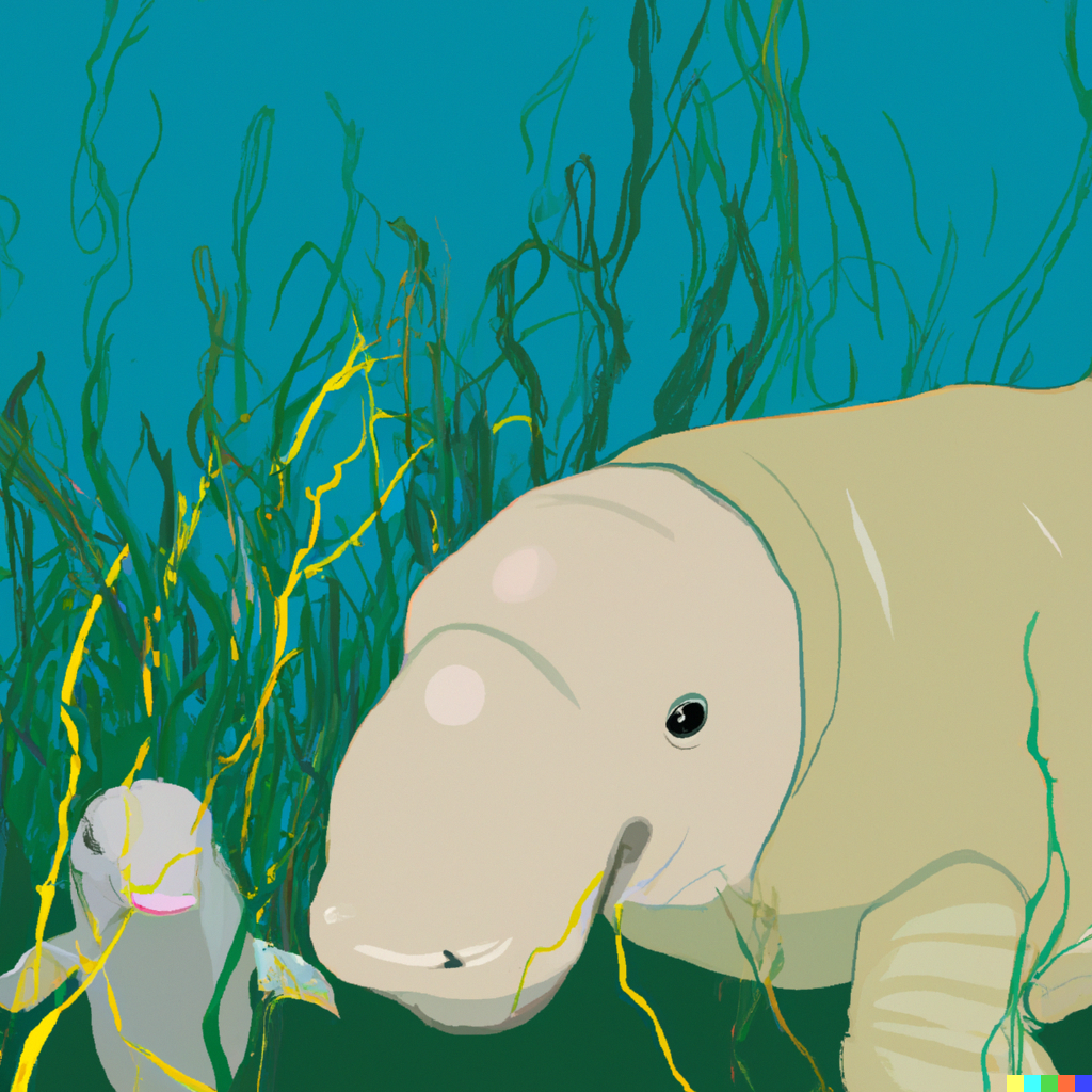 DALL·E AI: An illustration of a dugong and its baby munching seagrass
